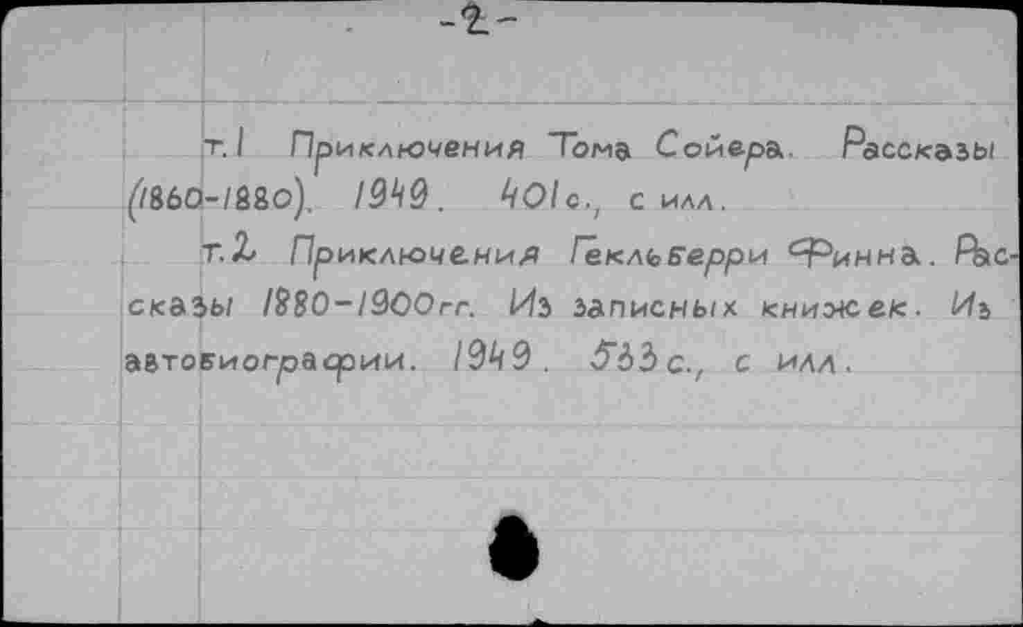 ﻿—4_____  ---
т. I Приключений Тома Сойера. Рассказы (/860-/880). 1949, Ь01с.г с илл.
т.2/ Приключений Гекльберри финна. Рассказы 1980- 1900гг. Иъ записных книжек. Иъ автоеиогоасрии. 19^9. ^ЬЪс., с илл.